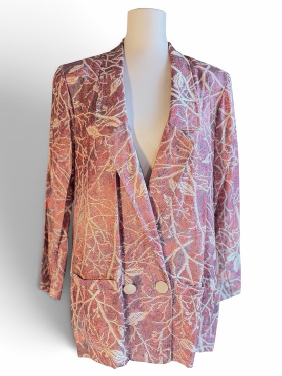 Vintage Jackets & Blazers - Vintage Floral Brocade Double Breasted Jacket Blazer L Pink Metallic 90s